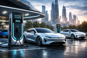Electric vehicles at futuristic charging station