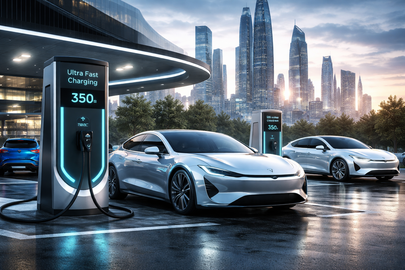 Electric vehicles at futuristic charging station