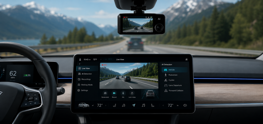 Advanced AI dash cam interface inside a modern electric vehicle cockpit