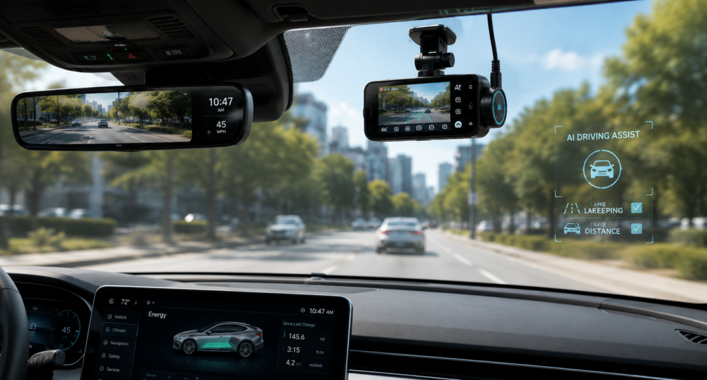 Futuristic AI dash cam installed inside a modern electric vehicle