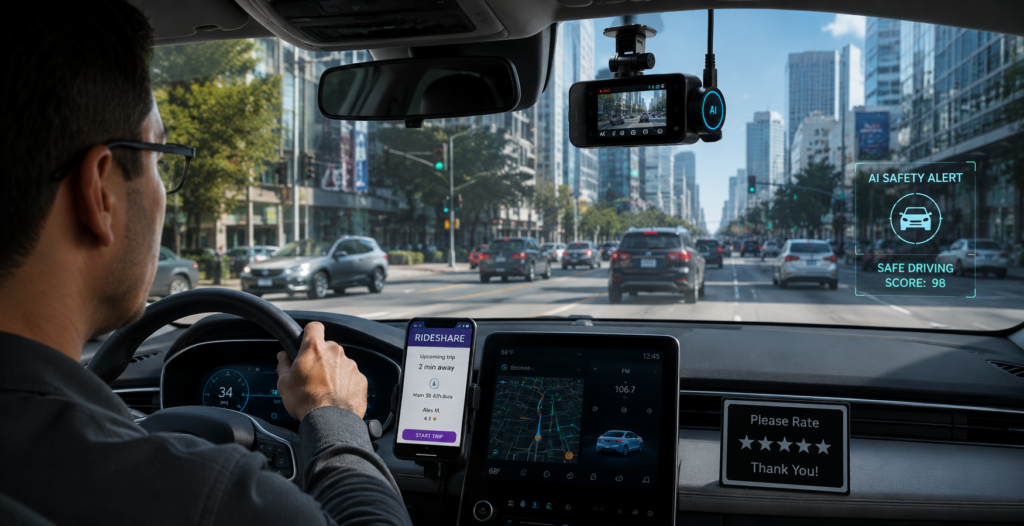 Rideshare driver using an AI dash cam system