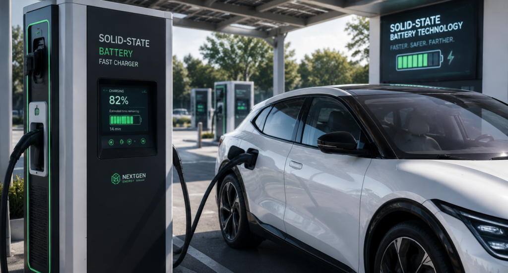 Electric vehicle being charged at a station equipped with solid-state battery technology