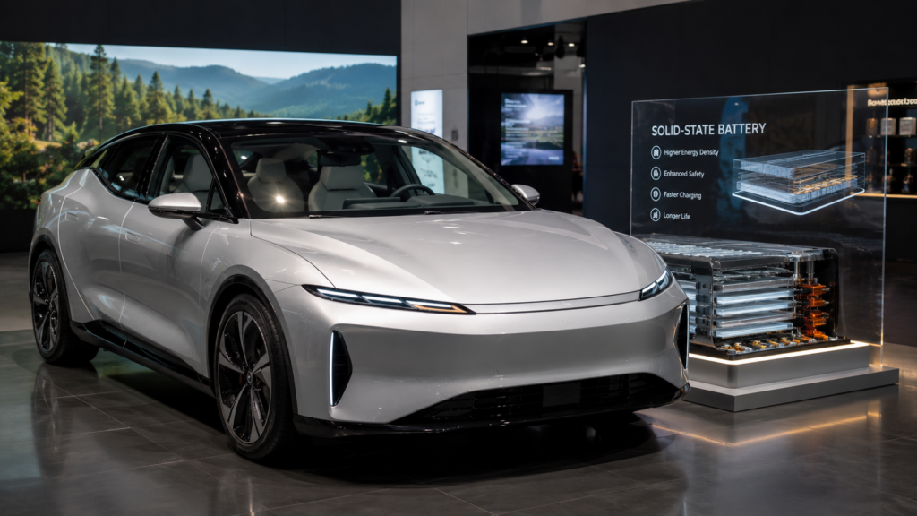 Future electric vehicle with advanced solid-state battery technology on display