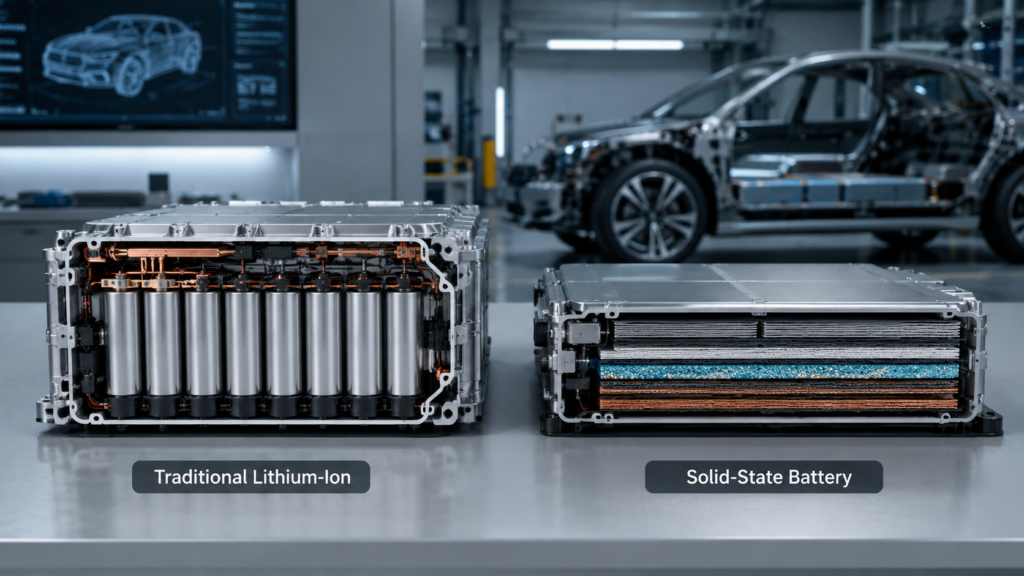 Solid state battery module compared to traditional lithium-ion battery for electric vehicles