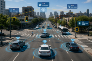 City intersection showing V2V and V2I communication with digital overlays