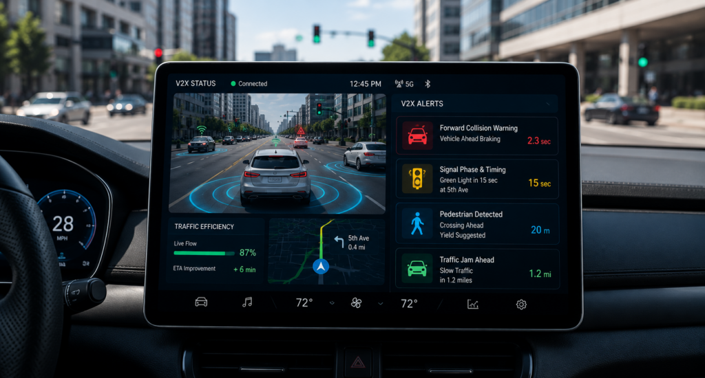 Dashboard display showing live V2X alerts for safety and traffic efficiency