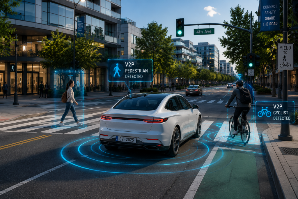 EV interacting with pedestrians and cyclists using V2P communication
