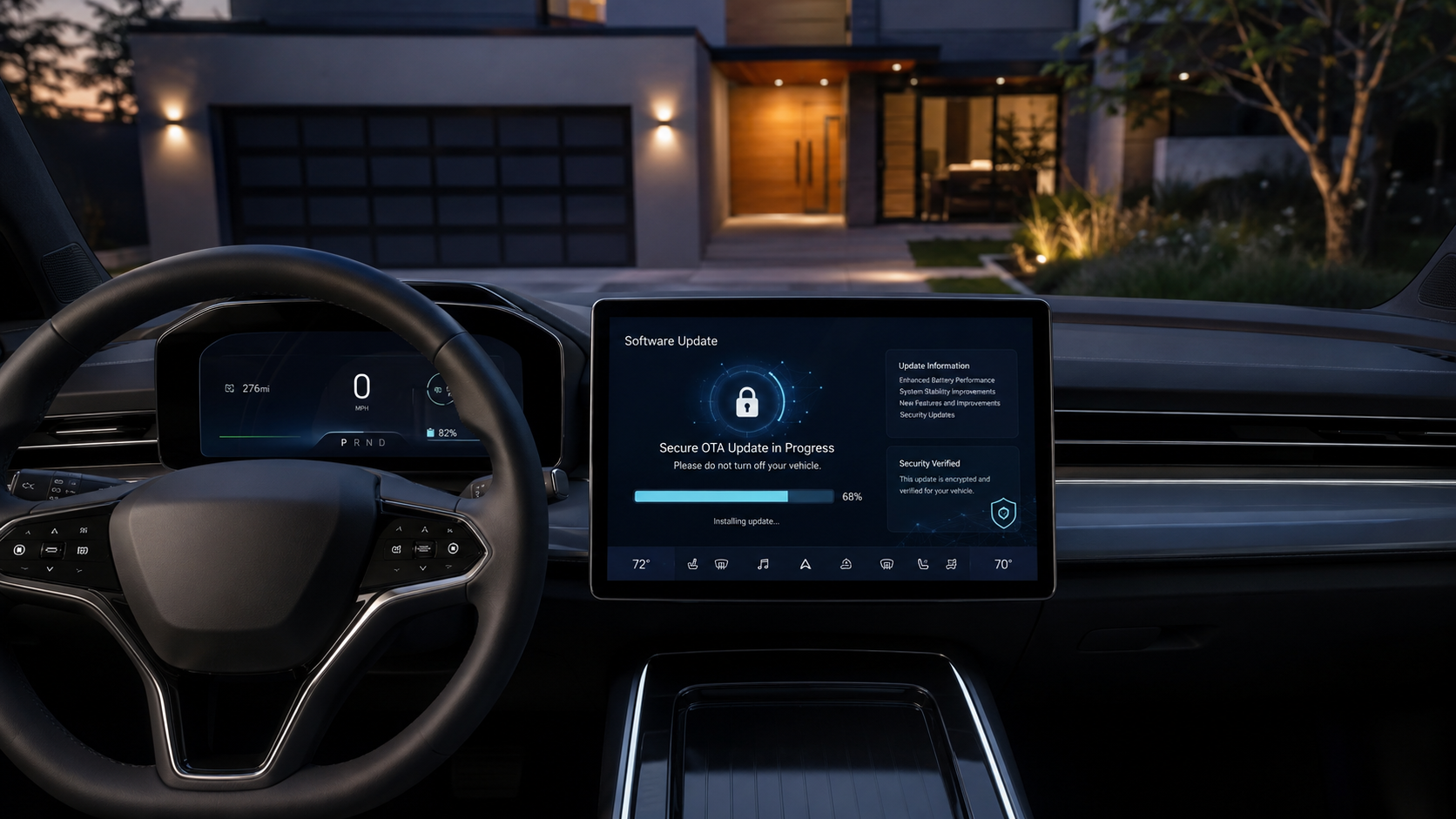 Digital vehicle dashboard installing a secure over-the-air software update while parked
