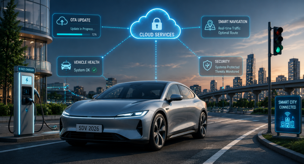 Software-defined electric vehicle connected to cloud services and smart mobility systems