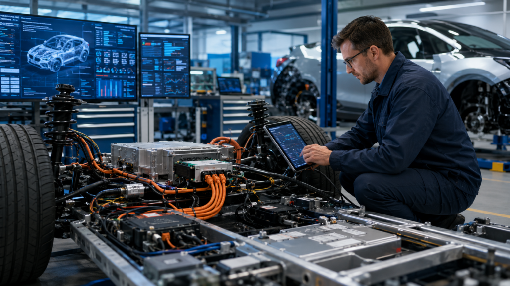 Technician reviewing the central computer and connected systems of a software-defined vehicle