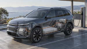 Extended-range electric SUV showing battery, electric motors, and onboard generator technology