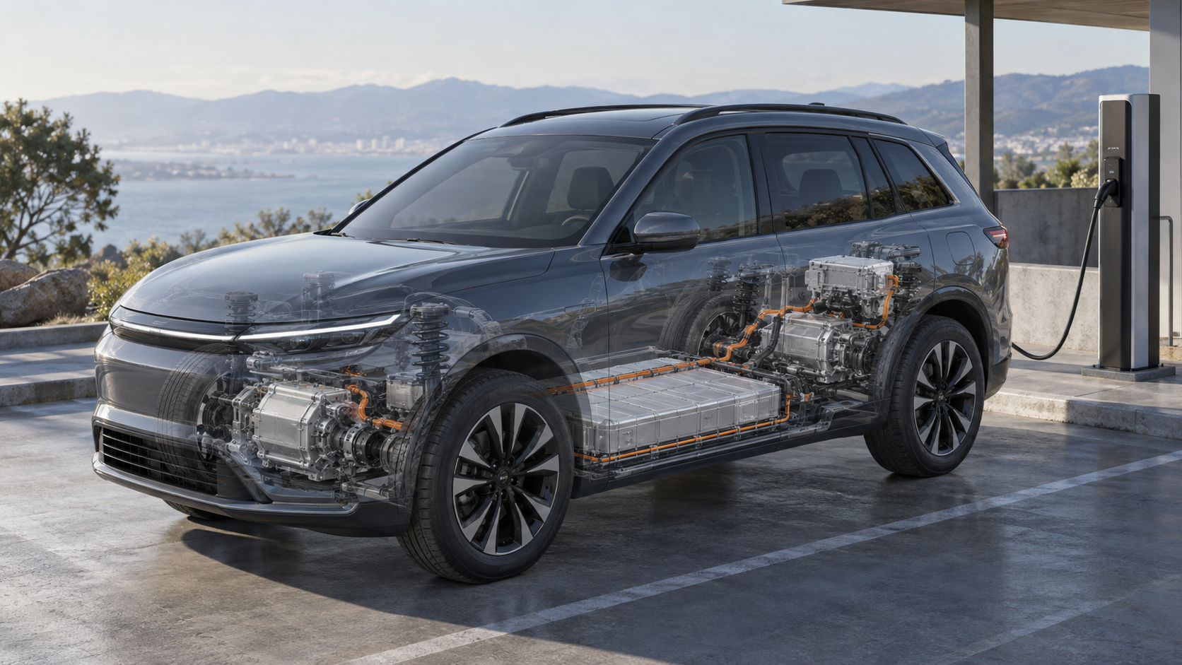 Extended-range electric SUV showing battery, electric motors, and onboard generator technology