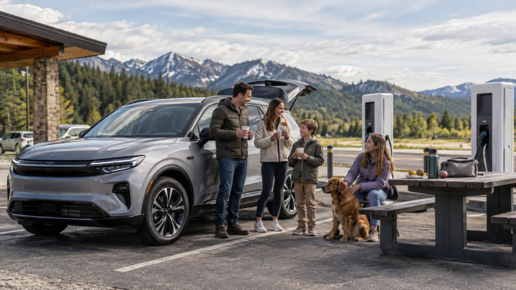 Family using an extended-range electric SUV during a long-distance road trip